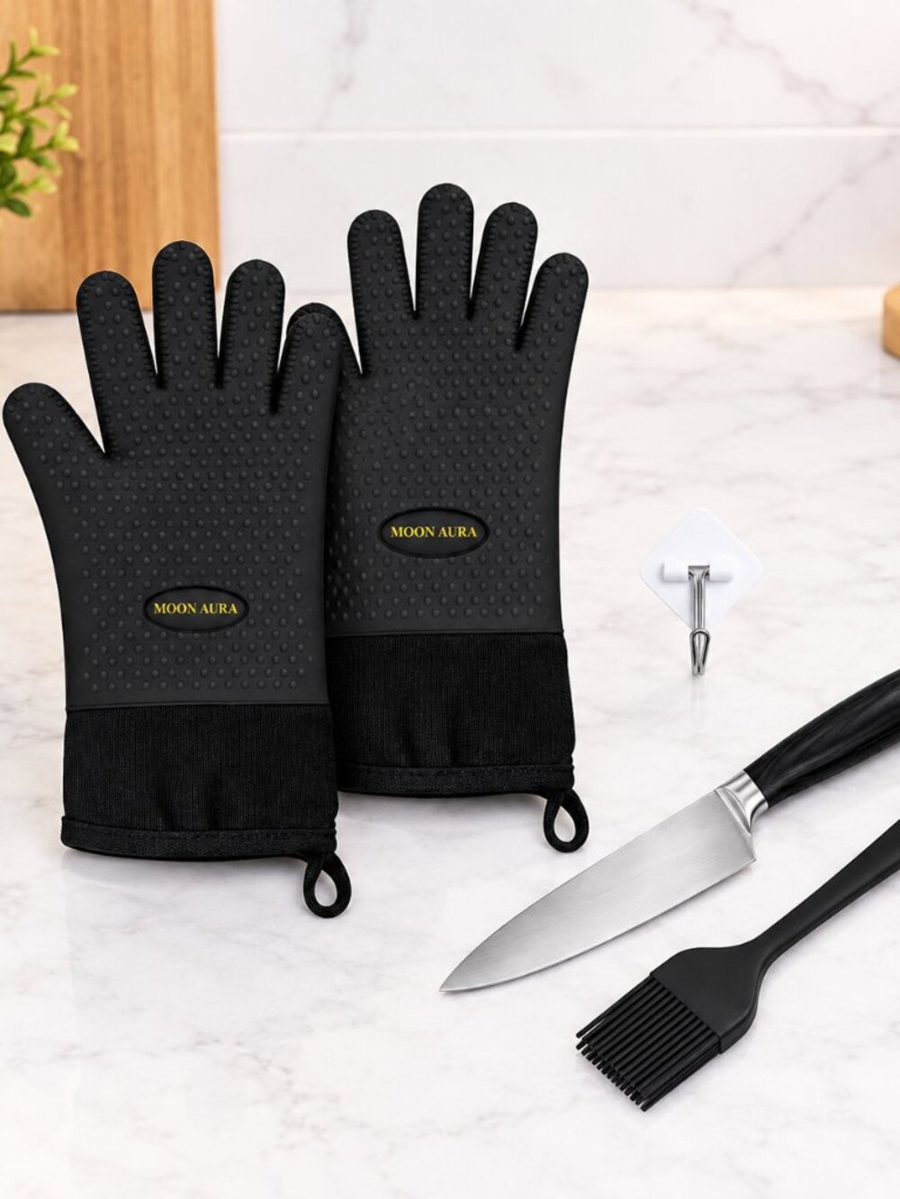 Moon Aura BBQ Gloves Heat Resistant Silicone Oven Mitts 13.38" Waterproof Grill